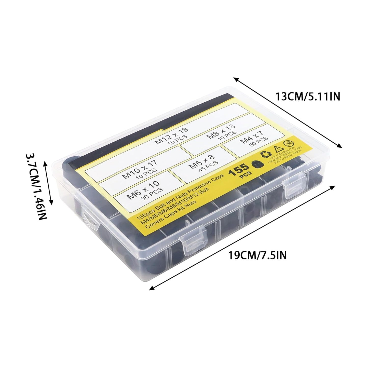 Bolt Nut Protective Cap, 155 Pcs Hex Head Dome Bolt Covers Caps Plastic Nuts and Bolt Cap Assortment Kit, M4 M5 M6 M8 M10 M12, Black