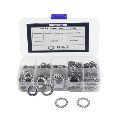 External Tooth Star Lock Washers Assortment Kit, 350 Pcs Metric 304 Stainless Steel External Tooth Washers Set, 8 Size (M2.5 M3 M4 M5 M6 M8 M10 M12)