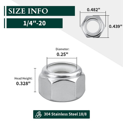 Nylon Insert Hex Lock Nuts, 304 Stainless Steel Locknuts for Furniture, Tools, Handle, Self Locking