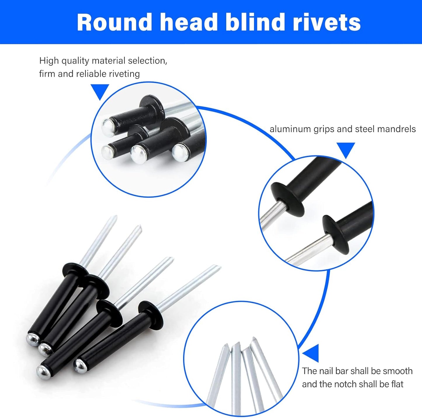 Blind Rivets, 620 Pcs Pop Rivets Assortment Kit, Blind Rivets Set, Aluminum Grips and Stainless Steel mandrel, Black (1/8 x 1/4, 5/16, 3/8, 1/2 inch; 3/16 x 5/16, 3/8, 1/2, 5/8 inch)