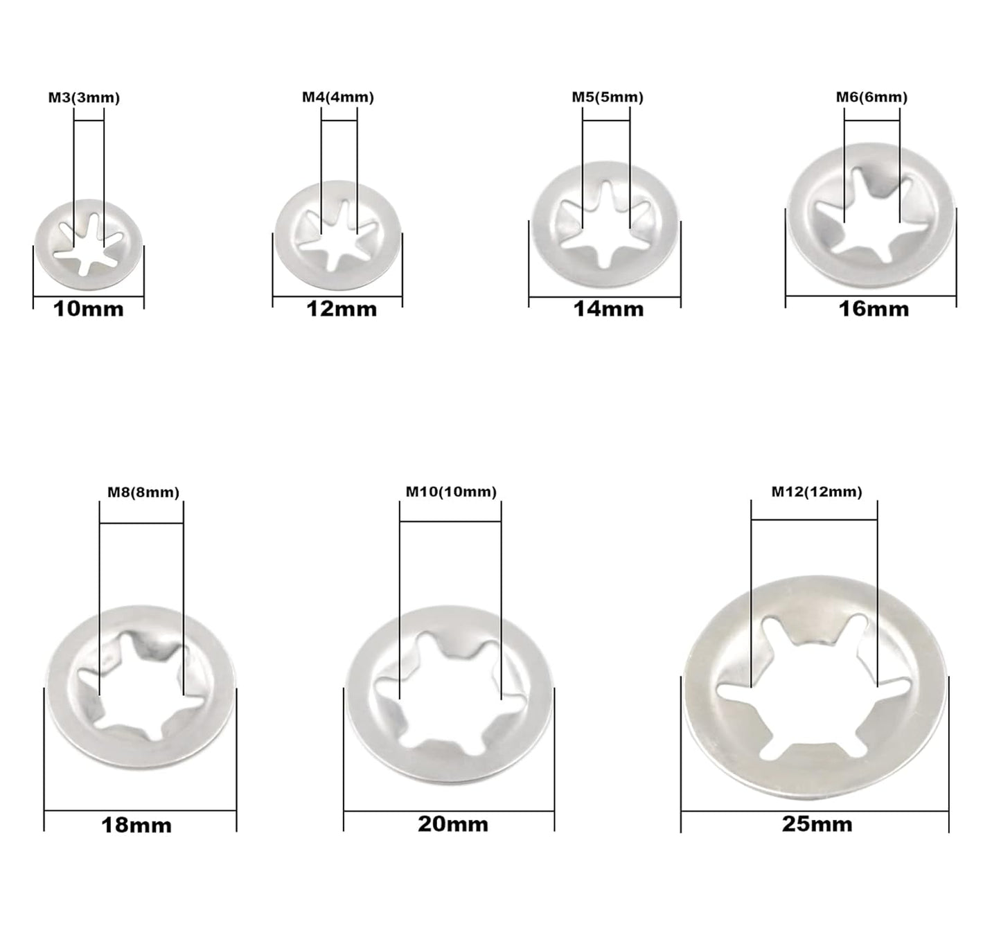 Internal Tooth Star Lock Washers Assortment Kit, 330 Pcs Metric Internal Tooth Washers Set, 7 Size (M3 M4 M5 M6 M8 M10 M12)