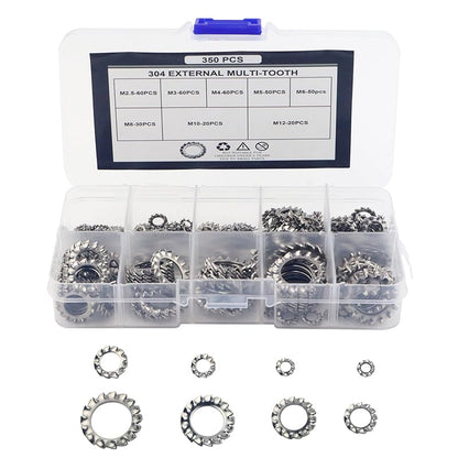 External Tooth Star Lock Washers Assortment Kit, 350 Pcs Metric 304 Stainless Steel External Tooth Washers Set, 8 Size (M2.5 M3 M4 M5 M6 M8 M10 M12)