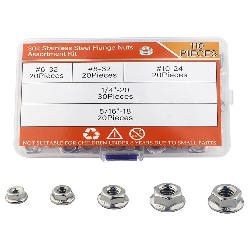 304 Stainless Steel Hexagon Flange Nuts, Metric Hex Lock Nuts Assortment Kit , DIN6923