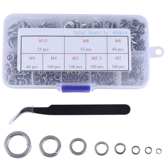 Spring Lock Washers Assortment Kit, 600 Pcs Metric Sizes 304 Stainless Steel Split Lock Washer, Split Ring Washer for Screw Bolts Machinery, M2, M2.5, M3, M4, M5, M6, M8, M10