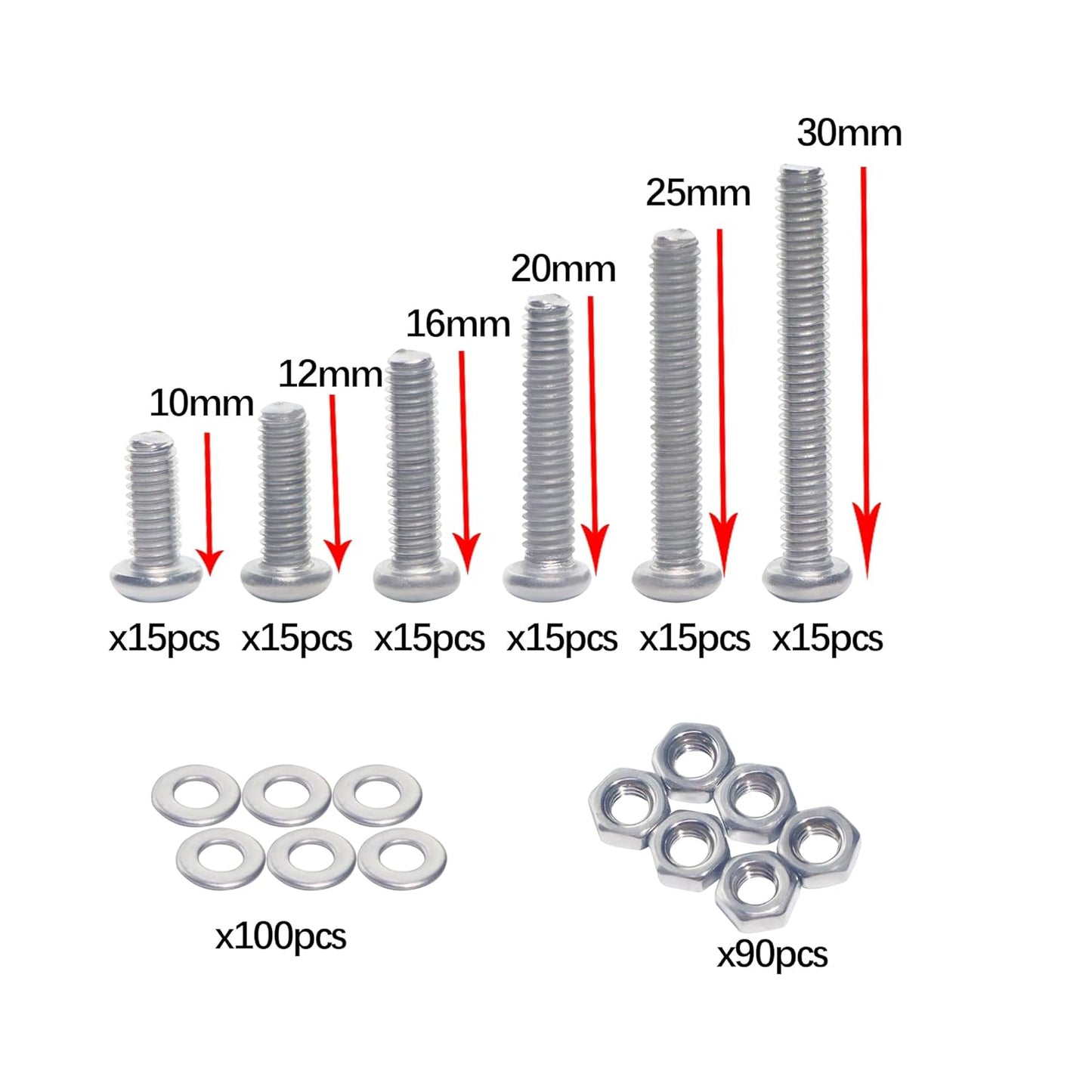 Nuts and Bolts Assortment Kit 280pcs, M4-0.7 x 10/12/16/20/25/30mm Machine Screws, Machine Screw Assortment Kit, Round Head Phillips Screws, Fast Self Tapping Screws for Pier Fenders