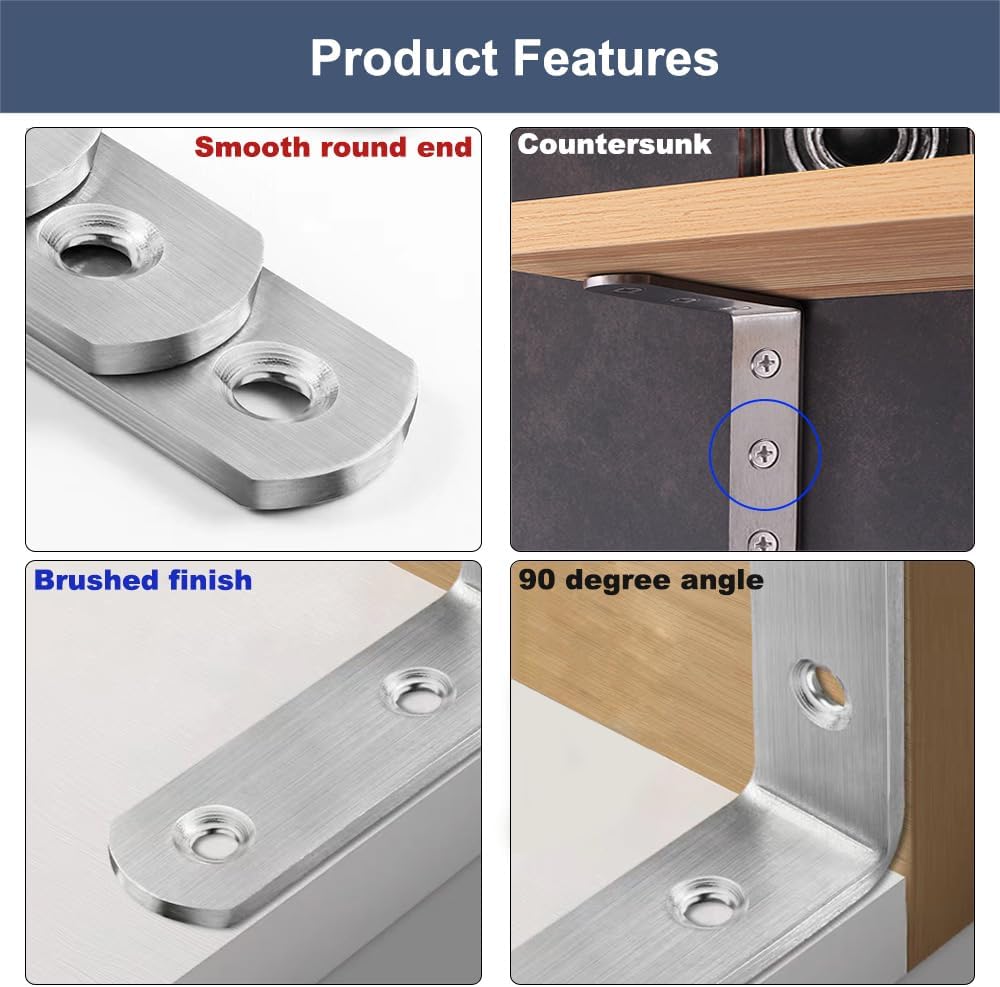 L Bracket Corner Braces,  Stainless Steel L Shaped 90 Degree Right Angle Connector Bracket, Corner Bracket for Shelves Wood Furniture Cabinet Chair Drawer with Screws