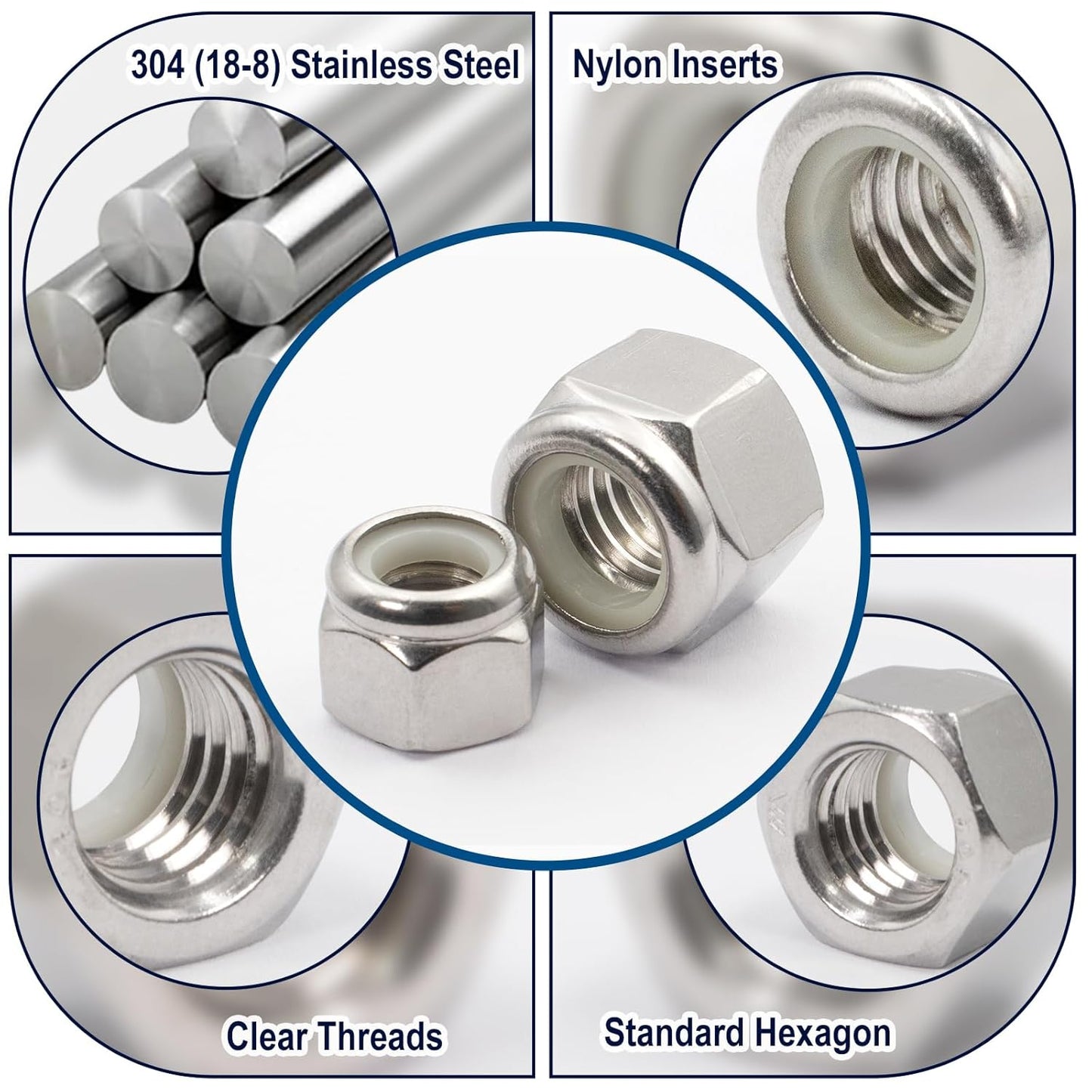 Nylon Insert Hex Lock Nuts, 304 Stainless Steel Locknuts for Furniture, Tools, Handle, Self Locking