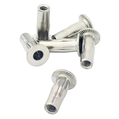 1/4in-20×27.5mm Multi-Grip Rivet Nuts, 6pcs Pre-Bulbed Shank Flat Head Threaded Insert Nut 304 Stainless Steel Plus Nuts for Construction Industrial