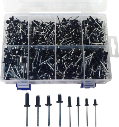 Blind Rivets, 620 Pcs Pop Rivets Assortment Kit, Blind Rivets Set, Aluminum Grips and Stainless Steel mandrel, Black (1/8 x 1/4, 5/16, 3/8, 1/2 inch; 3/16 x 5/16, 3/8, 1/2, 5/8 inch)