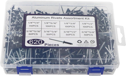 Blind Rivets, 620 Pcs Pop Rivets Assortment Kit, Blind Rivets Set, Aluminum Grips and Stainless Steel mandrel, Black (1/8 x 1/4, 5/16, 3/8, 1/2 inch; 3/16 x 5/16, 3/8, 1/2, 5/8 inch)