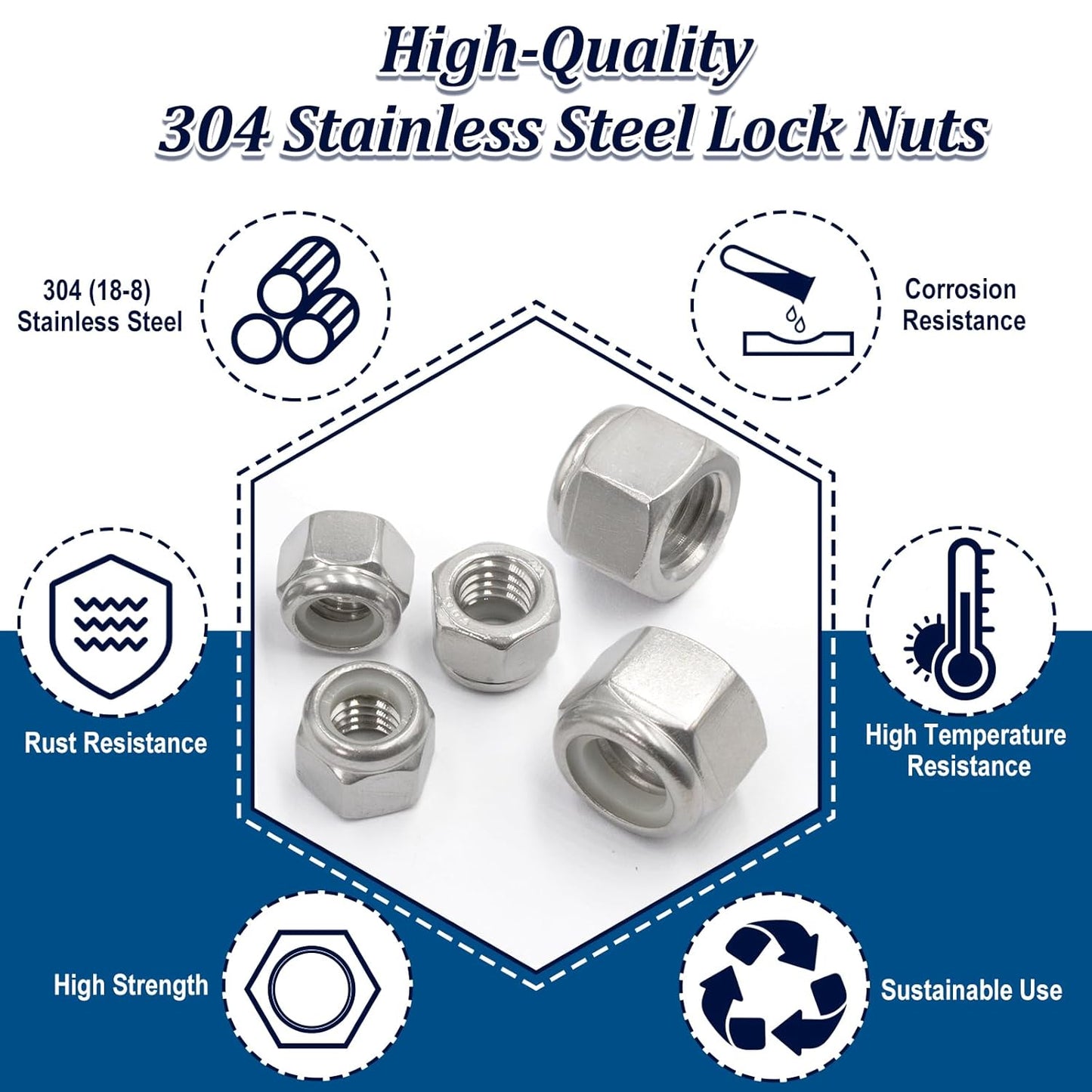 Nylon Insert Hex Lock Nuts, 304 Stainless Steel Locknuts for Furniture, Tools, Handle, Self Locking