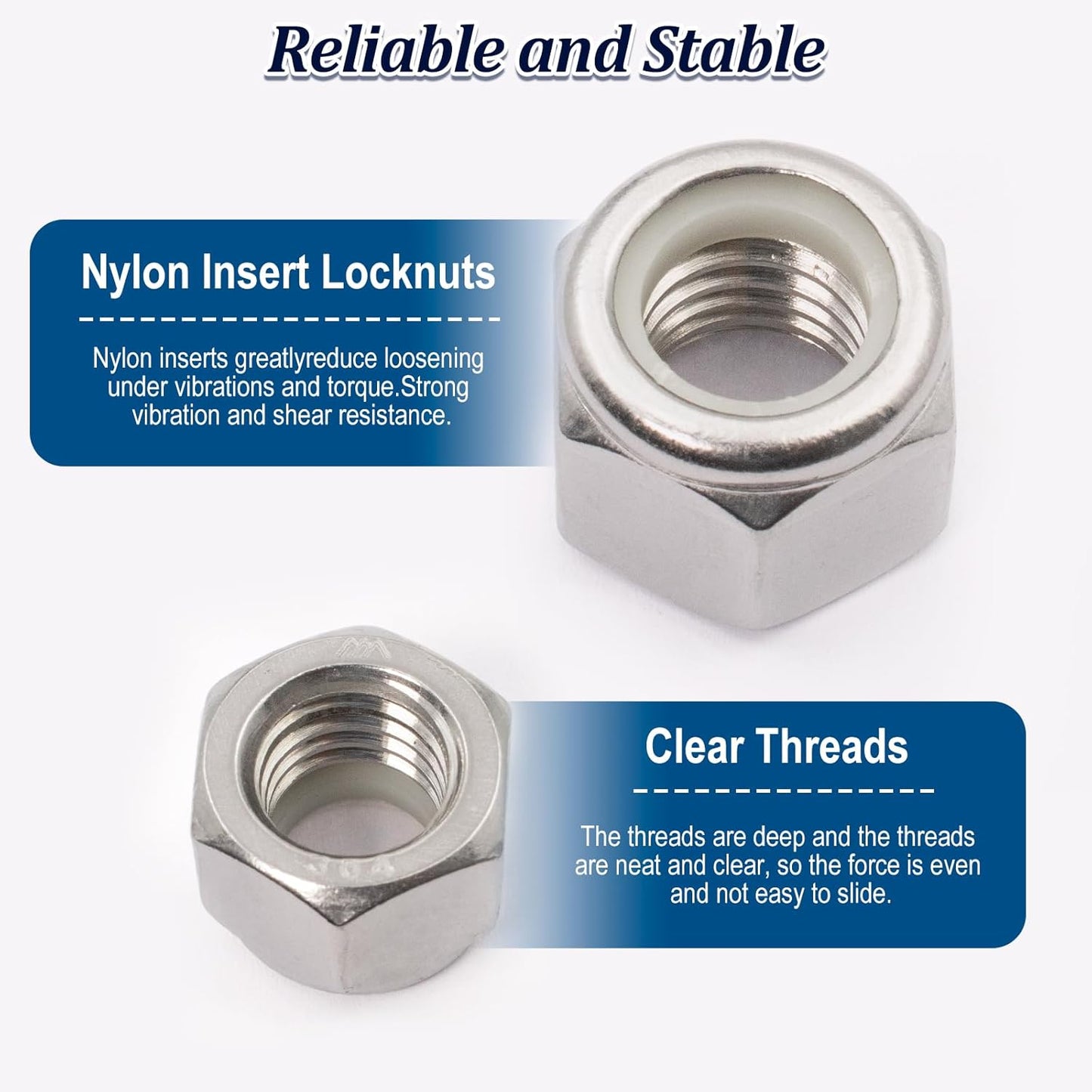 Nylon Insert Hex Lock Nuts, 304 Stainless Steel Locknuts for Furniture, Tools, Handle, Self Locking