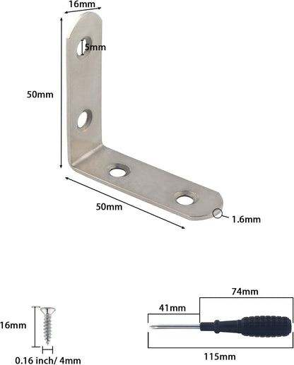 L Bracket Corner Braces,  Stainless Steel L Shaped 90 Degree Right Angle Connector Bracket, Corner Bracket for Shelves Wood Furniture Cabinet Chair Drawer with Screws