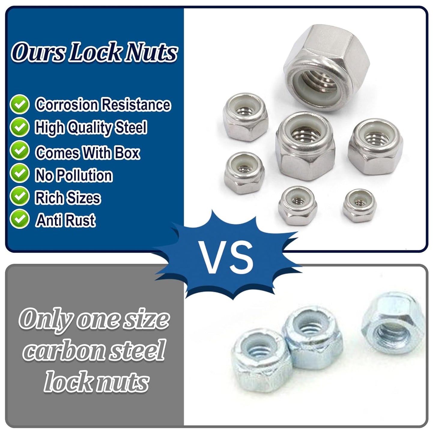 Nylon Insert Hex Lock Nuts, 304 Stainless Steel Locknuts for Furniture, Tools, Handle, Self Locking