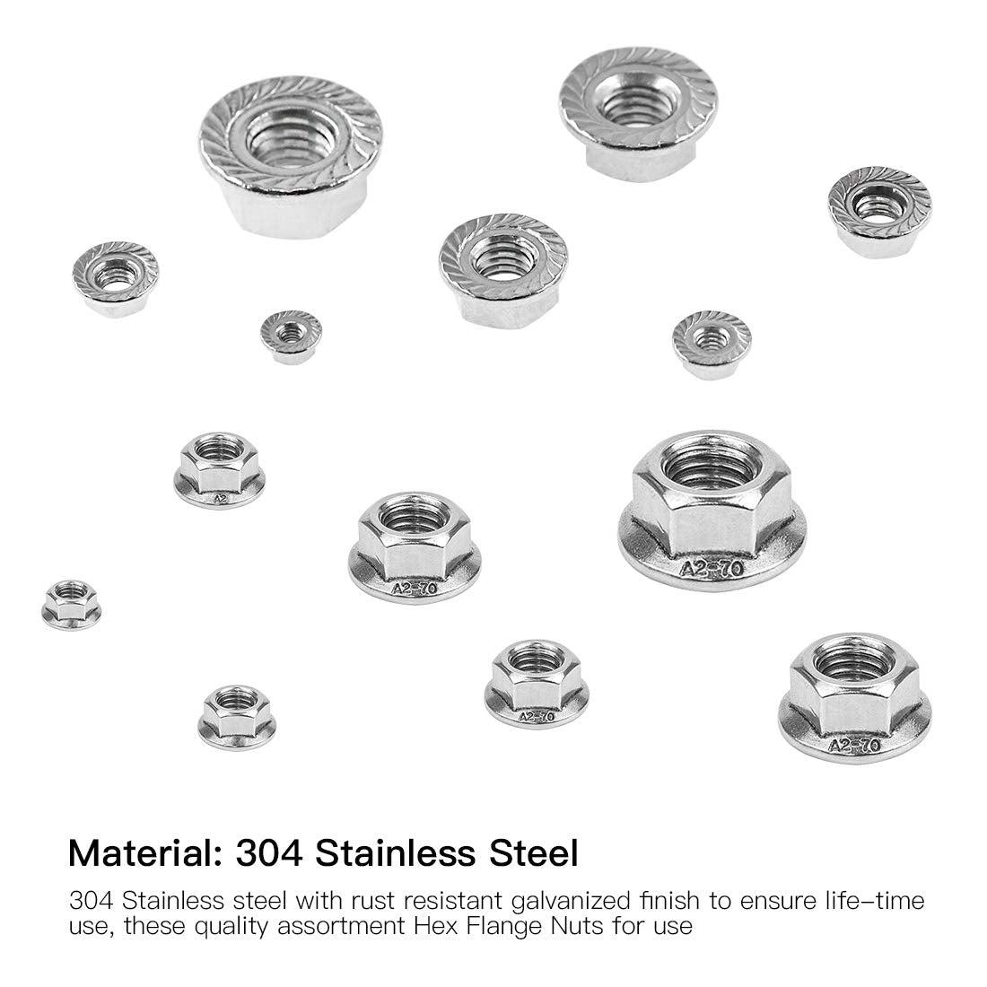 304 Stainless Steel Hexagon Flange Nuts, Metric Hex Lock Nuts Assortment Kit , DIN6923