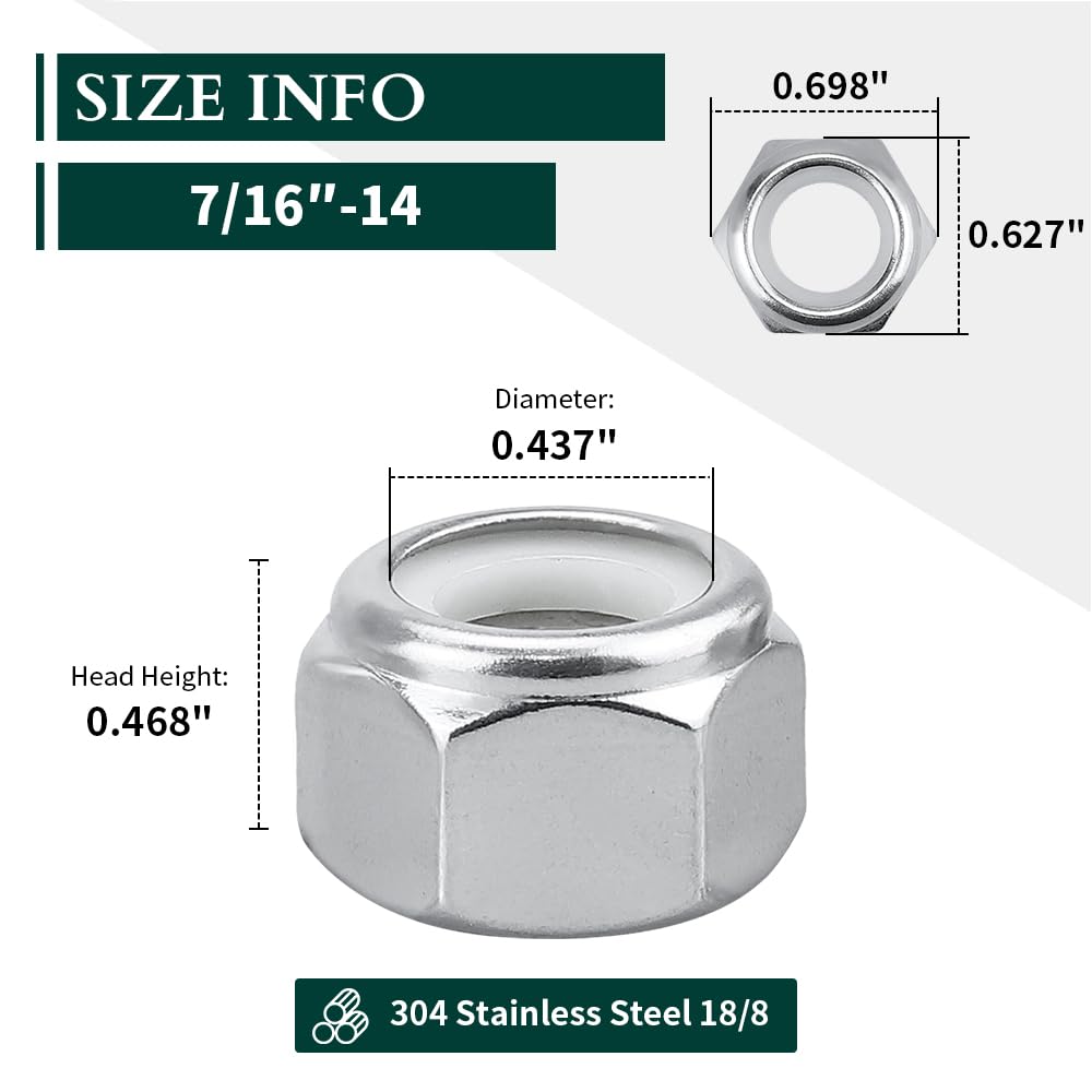 Nylon Insert Hex Lock Nuts, 304 Stainless Steel Locknuts for Furniture, Tools, Handle, Self Locking