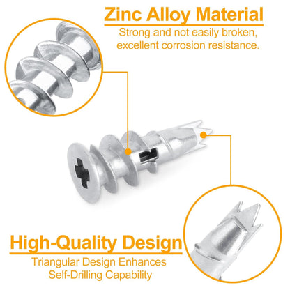 Drywall Anchors and Screws Kit, Zinc Alloy Self Drilling Drywall Anchors