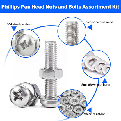 Nuts and Bolts Assortment Kit 240pcs,  Machine Screws, Machine Screw Assortment Kit, Pan Head Phillips Screws, Fast Self Tapping Screws for Pier Fenders