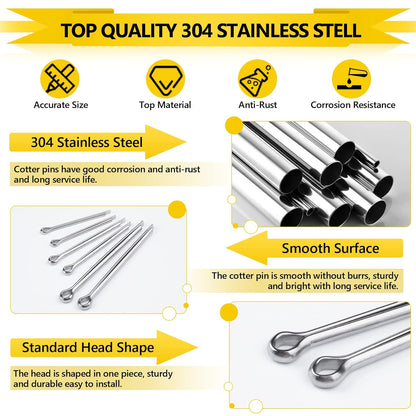 Stainless Steel Cotter Pins Assortment Kit Split Pin Fastener Clips for Car Mechanics, Trucks, Lawn Mowers, Tractors Repair