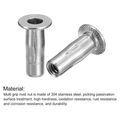 1/4in-20×27.5mm Multi-Grip Rivet Nuts, 6pcs Pre-Bulbed Shank Flat Head Threaded Insert Nut 304 Stainless Steel Plus Nuts for Construction Industrial