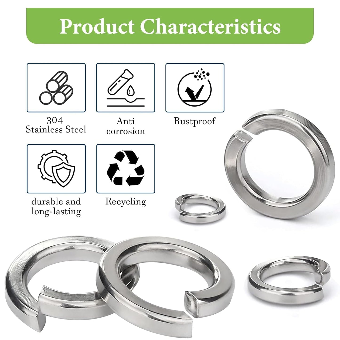 Spring Lock Washers Assortment Kit, 600 Pcs Metric Sizes 304 Stainless Steel Split Lock Washer, Split Ring Washer for Screw Bolts Machinery, M2, M2.5, M3, M4, M5, M6, M8, M10