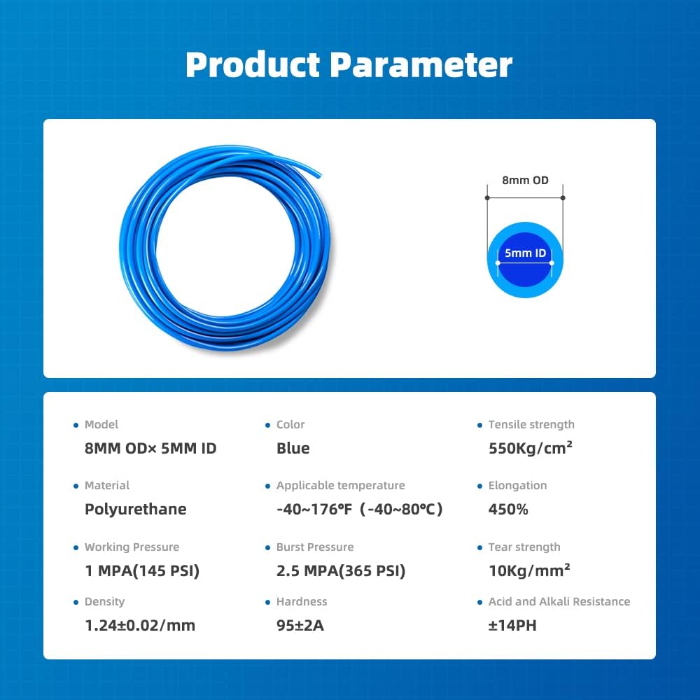 Blue Pneumatic Tubing, PU Air hose Pipe, 17pcs Pipe Tube Kit, Line Fluid Transfer, Air Compressor Tubing for Mechanical Gas Piping