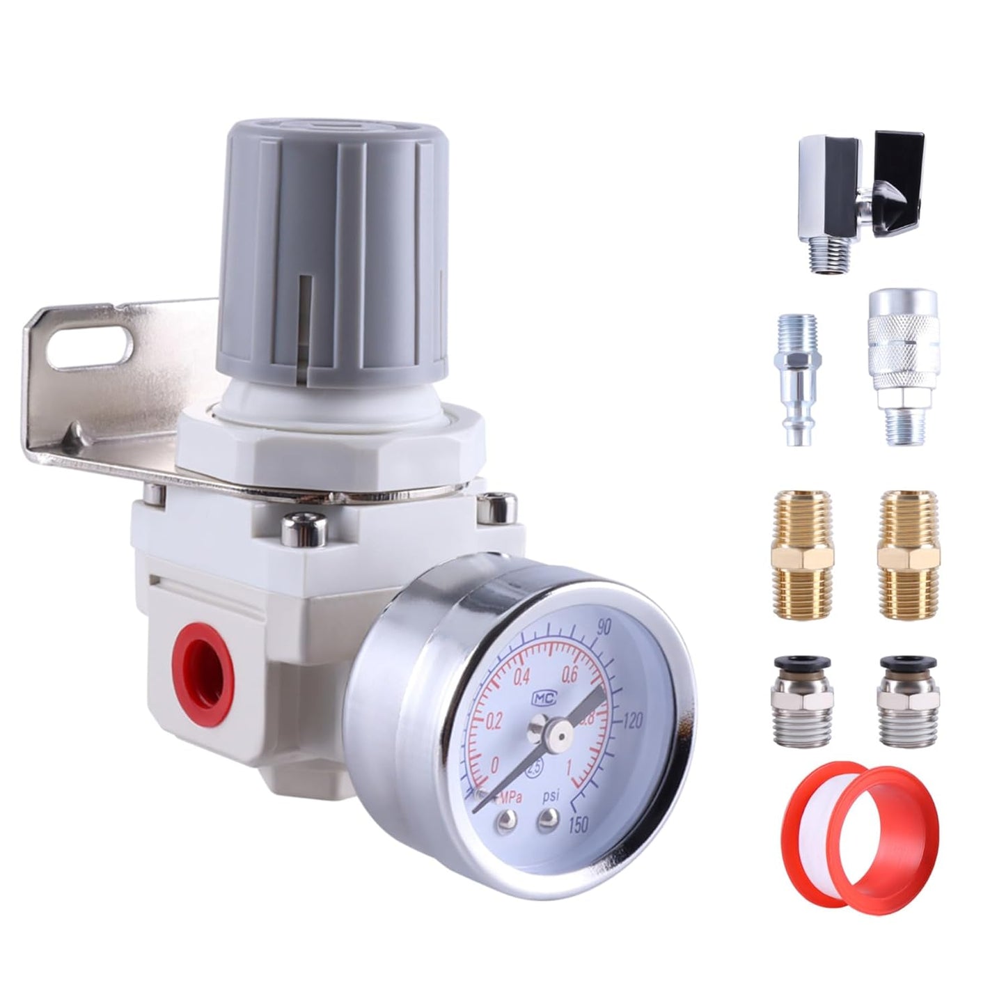 AR2000-02 Female Thread 1/4" NPT Air Compressor Pressure Regulator with Bracket and Gauge, 0-150 PSI Adjustable, 1/4" NPT Inlet/Outlet