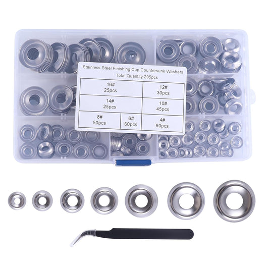 Countersunk Washers 295 Pcs Finish Washers #4#6#8#10#12#14#16 Stainless Steel Finishing Cup Countersunk Washer Assortment Kit