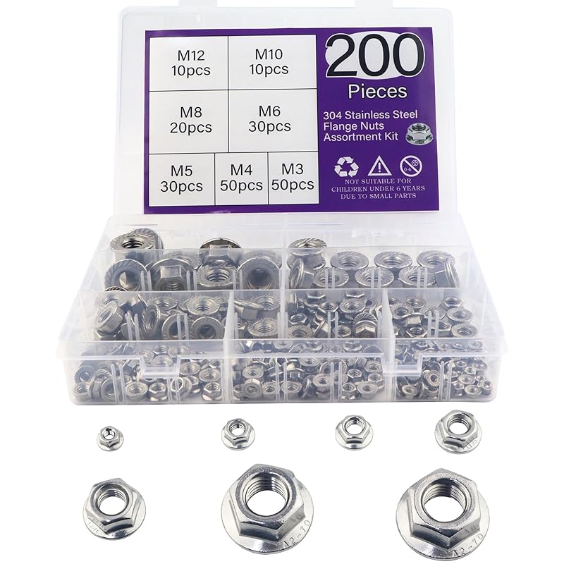 304 Stainless Steel Hexagon Flange Nuts, Metric Hex Lock Nuts Assortment Kit , DIN6923