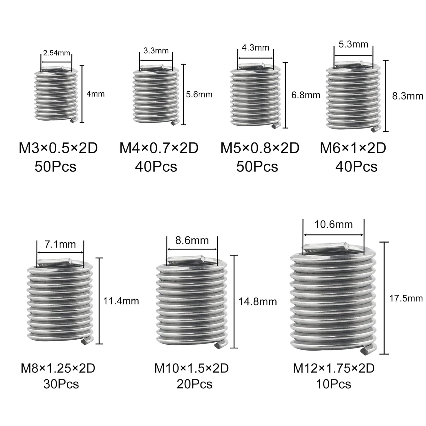 Wire Inserts Screws Sleeve Assortment Kit 240 Pcs Wire Screw Sleeve Thread Repair Inserts 304 Stainless Steel Metric M3 M4 M5 M6 M8 M10 M12 Wire Thread Inserts for Automotive Repair