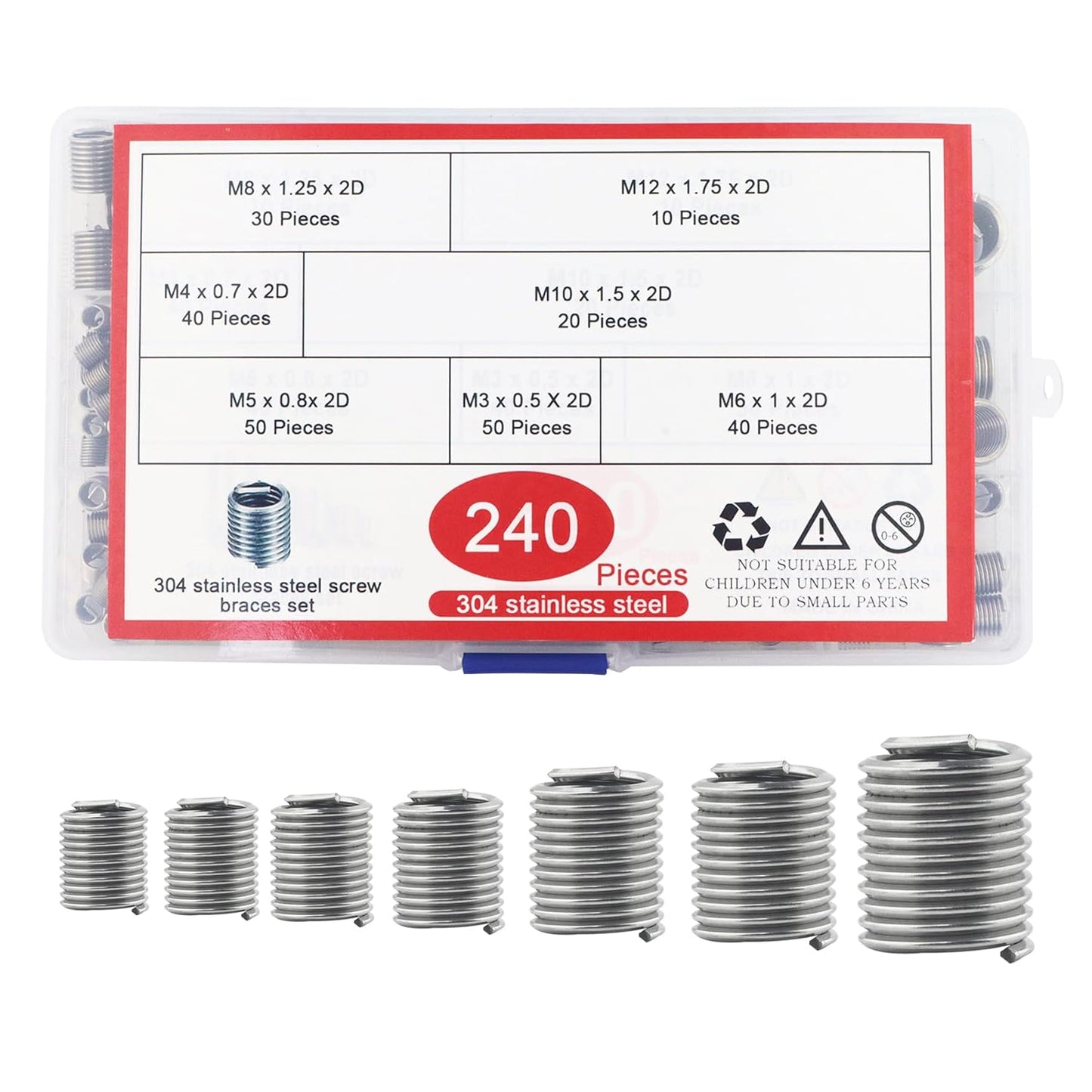 Wire Inserts Screws Sleeve Assortment Kit 240 Pcs Wire Screw Sleeve Thread Repair Inserts 304 Stainless Steel Metric M3 M4 M5 M6 M8 M10 M12 Wire Thread Inserts for Automotive Repair