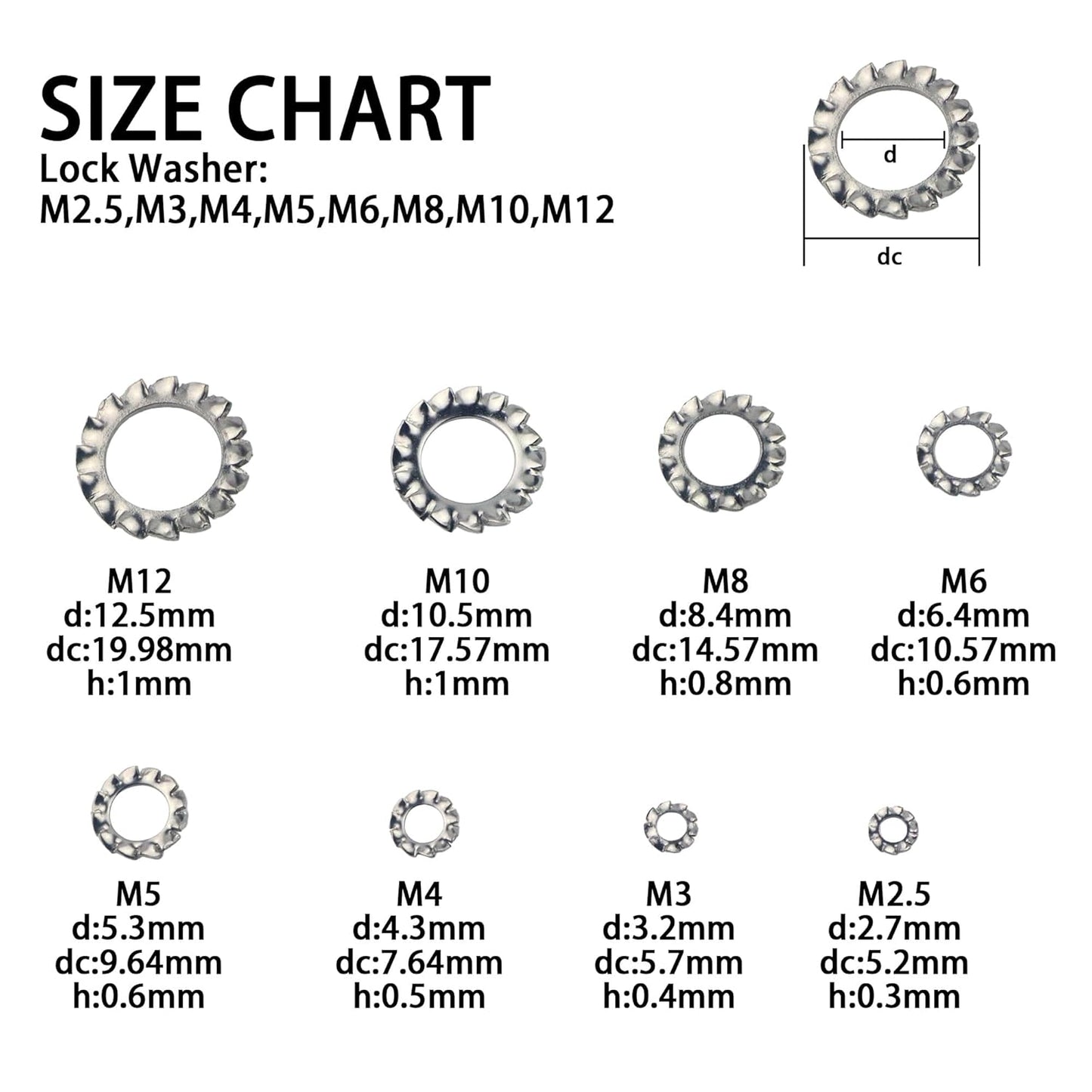 External Tooth Star Lock Washers Assortment Kit, 350 Pcs Metric 304 Stainless Steel External Tooth Washers Set, 8 Size (M2.5 M3 M4 M5 M6 M8 M10 M12)