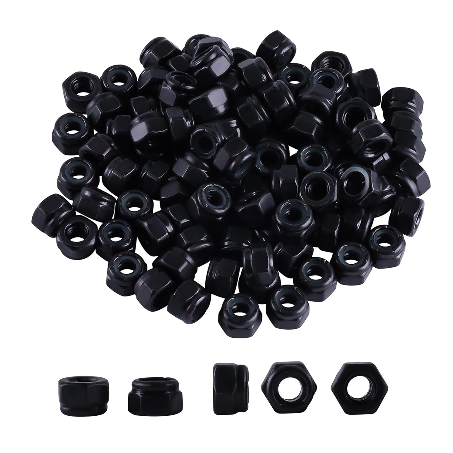 Nylon Insert Hex Lock Nuts, 60 Pcs 1/4-20 Nylon Lock Nuts, Zinc Plated Carbon Steel Locknuts for Furniture, Tools, Handle, Self Locking, Black