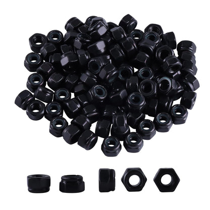 Nylon Insert Hex Lock Nuts, 60 Pcs 1/4-20 Nylon Lock Nuts, Zinc Plated Carbon Steel Locknuts for Furniture, Tools, Handle, Self Locking, Black