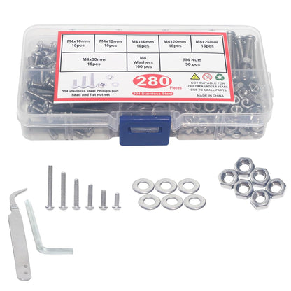 Nuts and Bolts Assortment Kit 280pcs, M4-0.7 x 10/12/16/20/25/30mm Machine Screws, Machine Screw Assortment Kit, Round Head Phillips Screws, Fast Self Tapping Screws for Pier Fenders