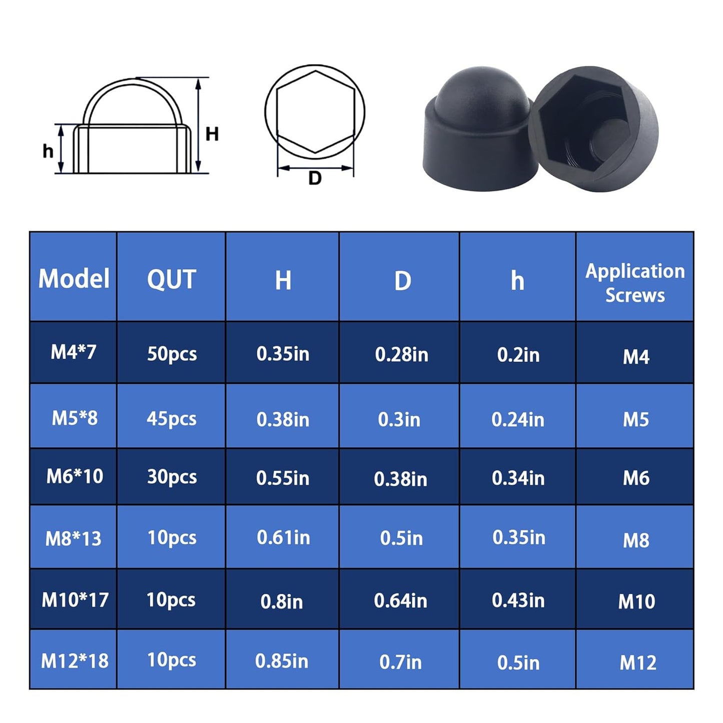 Bolt Nut Protective Cap, 155 Pcs Hex Head Dome Bolt Covers Caps Plastic Nuts and Bolt Cap Assortment Kit, M4 M5 M6 M8 M10 M12, Black