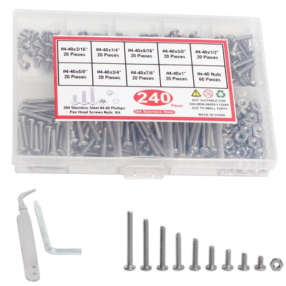 Nuts and Bolts Assortment Kit 240pcs,  Machine Screws, Machine Screw Assortment Kit, Pan Head Phillips Screws, Fast Self Tapping Screws for Pier Fenders