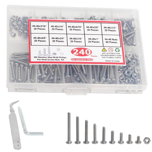 Nuts and Bolts Assortment Kit 240pcs,  Machine Screws, Machine Screw Assortment Kit, Pan Head Phillips Screws, Fast Self Tapping Screws for Pier Fenders