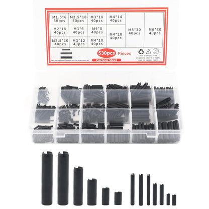 Roll Pin Assortment Set, 530 Pcs M1.5 M2 M2.5 M3 M4 M5 M6 Slotted Metric Spring Pins Steel Split Expansion Pin Hardware Assortment Kit for Home Improvement Automotive Repair